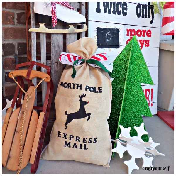 stenciled burlap christmas sack