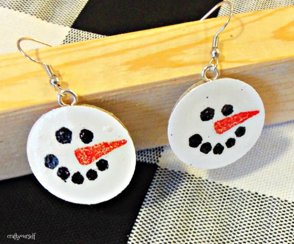 diy chipboard snowmen earrings displayed