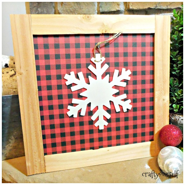 Rustic Wood Trimmed Plaid and Buffalo Check Holiday Decor Boards snowflake white